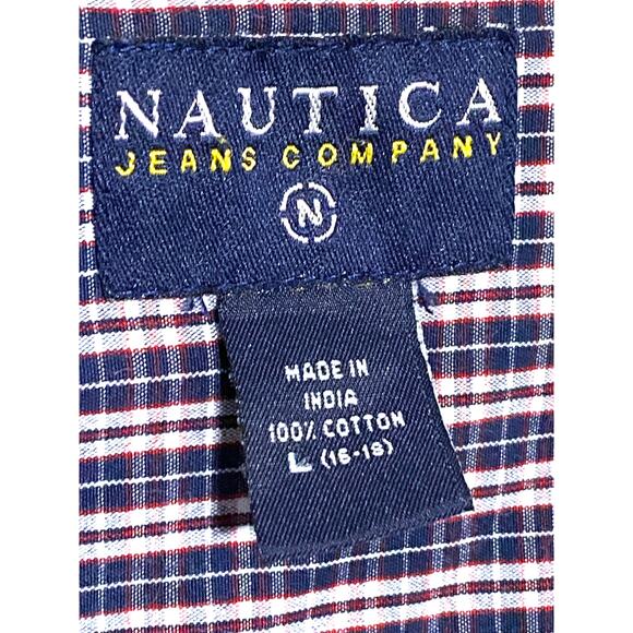 Nautica Button Down LS Dress Shirt Boys L 16-18 Preppy Red Blue Plaid Classic - Picture 5 of 6